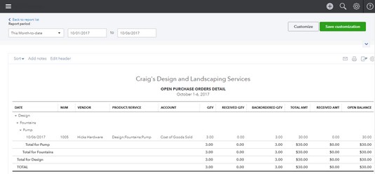 Open Purchase Orders Detail report QBO