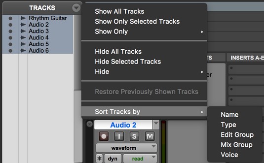 sort Pro Tools tracks