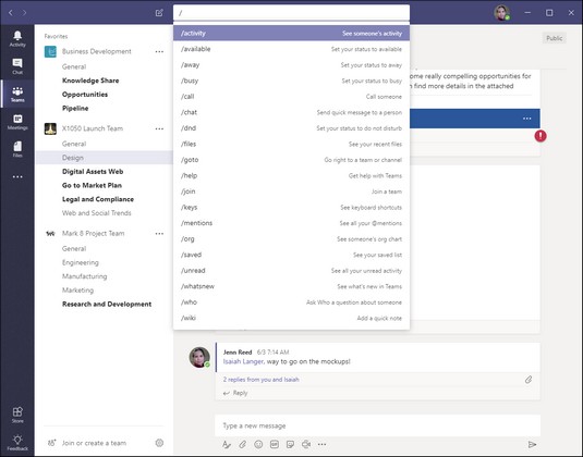 Microsoft Teams slash command shortcuts