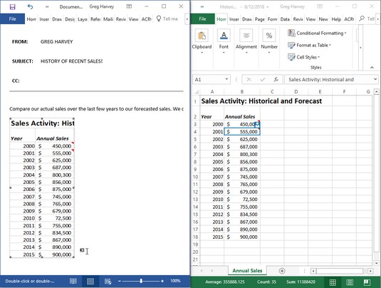 Word memo after copying Excel data