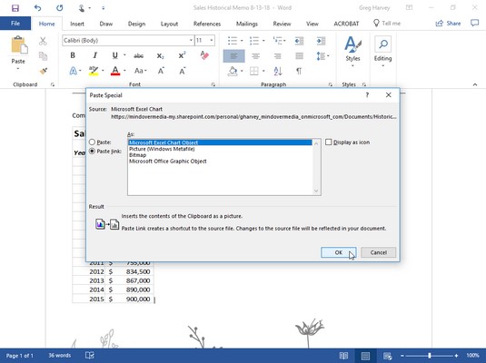 Word Paste Special dialog