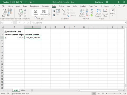 MSFT worksheet with the result of the MSFT volume traded formula.