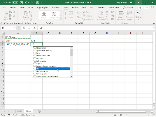 Creating a formula that returns China’s CPI.