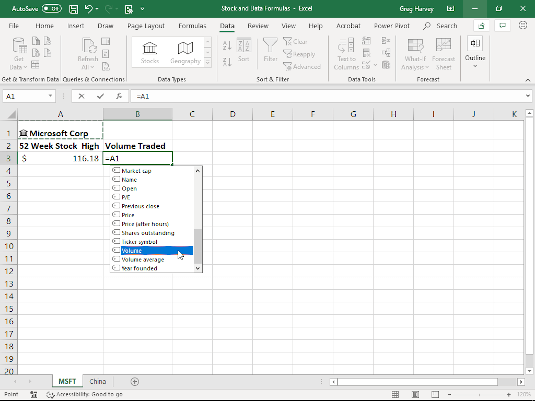 Creating a formula that retrieves MSFT volume traded.