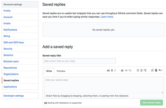 Saved replies GitHub settings