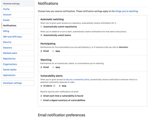 GitHub Notifications settings