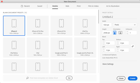 Mobile presets in Illustrator