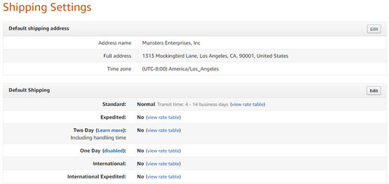 Amazon Shipping Settings page