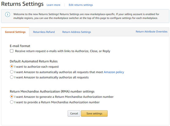 Amazon Return Settings page