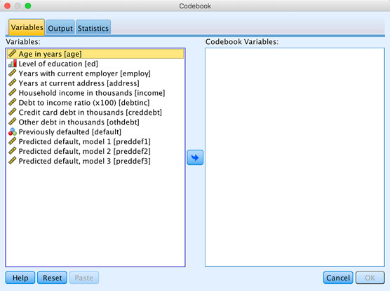 SPSS Codebook dialog