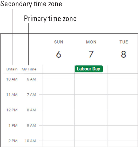 How the two time zones appear in Week view.