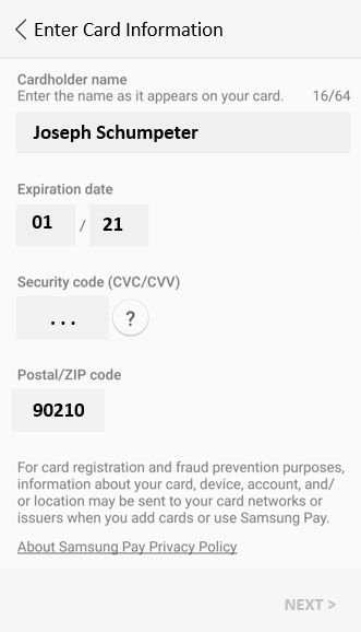 The Populated credit card data fields.