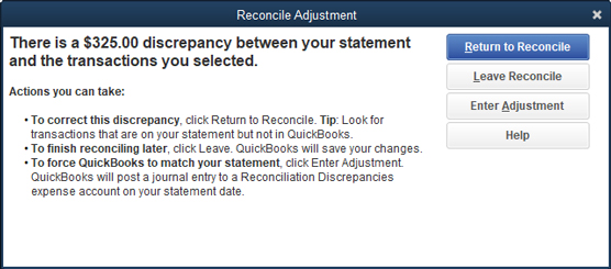 The Reconcile Adjustment dialog box