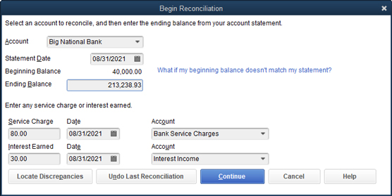 The Begin Reconciliation dialog box