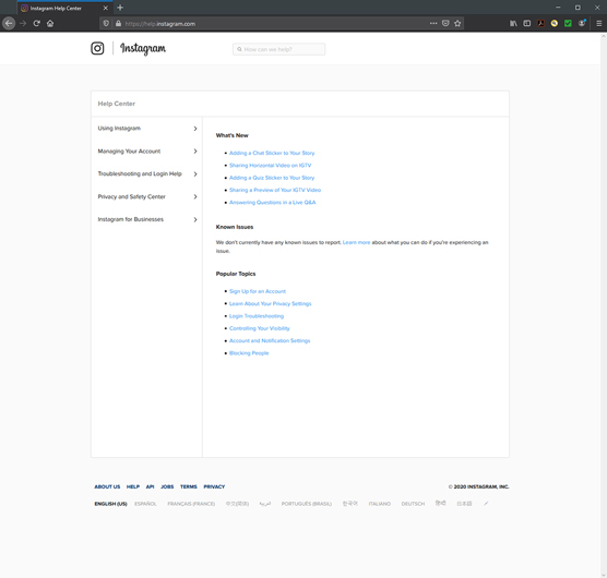 Instagram Help Center on a desktop browser.