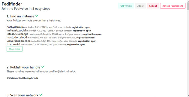 Screenshot showing the Fedifinder page for scanning your Twitter contacts
