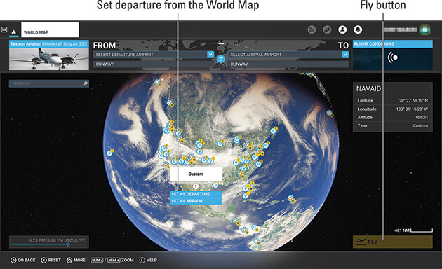 Flight simulator screenshot showing how to choose a departure point for a start in midair