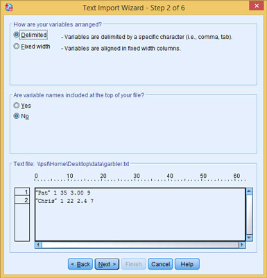 Specify that the data is delimited and the names are not included.