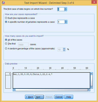 In Step 3 of 6, you specify that the data begins on line 2 of the text file and each case has five data items.