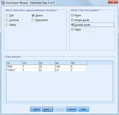 Click Next and specify space as the delimiters and double quotes as text qualifiers.