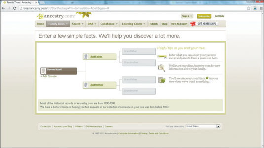 Near the top of the page, enter your first name and last name, select your gender, and click Start Your Tree.