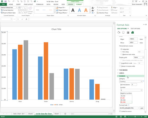 To change the number formatting for all values on the selected axis, click the Number option.