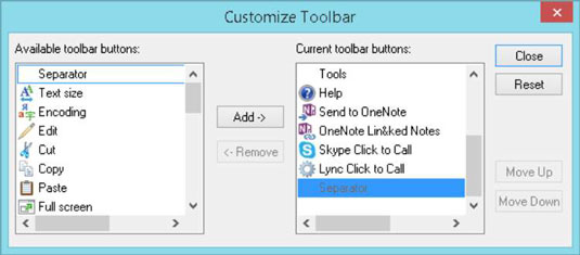 Click the Tools button on the right side of the Command bar, choose Toolbars, and then choose Customize.