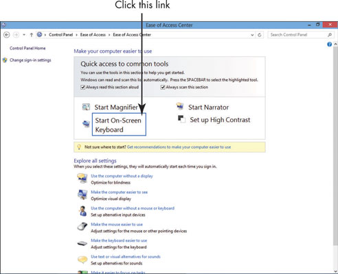 In the resulting window, click the Ease of Access Center link to open the Ease of Access Center window.