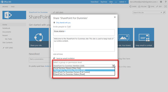 (Optional) Deselect the Send an Email Invitation check box if you would rather not send the invitation e-mail; choose an option from the Select a Group or Permission Level drop-down list to set the level of permission for the new users.