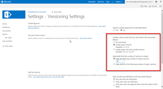 Choose whether to turn on major versioning or major and minor versioning by selecting the Create Major Versions or the Create Major and Minor (Draft) Versions radio button.