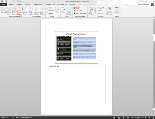 Click the Notes Page button in the Presentation Views group of the View tab.