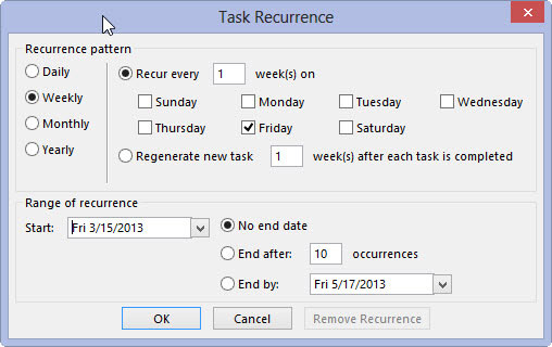 In the Recur Every box, specify how often the appointment recurs, such as every third day or the first Monday of each month.