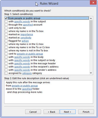 In the Select Conditions box, make sure that the From People or Public Group Selection has a check mark in front of it.