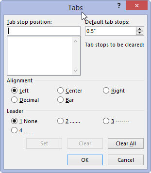 Summon the Tabs dialog box by clicking the Paragraph Settings button in the Paragraph group of the Page Layout tab and then clicking the Tabs button.