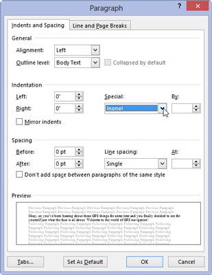 In the Indentation area, locate the Special drop-down list.