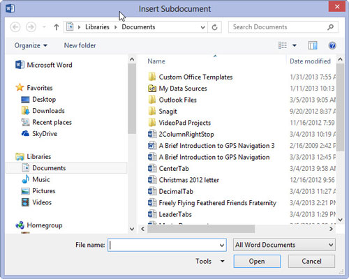 Use the Insert Subdocument dialog box to hunt down the first document to insert into the master document.