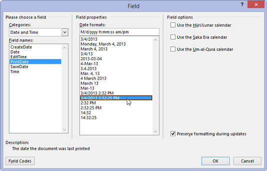 Choose a date-and-time format from the Field Properties area.