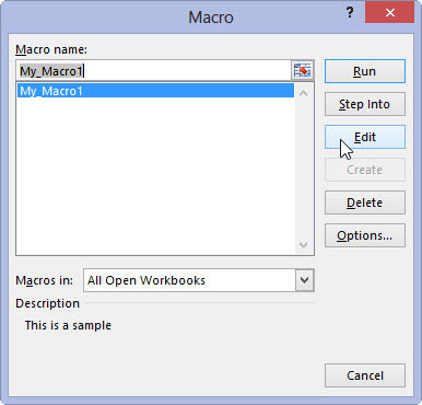 Click the name of the macro that you want to edit in the Macro Name list box and then click the Edit button.