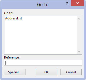 On the Ribbon, click the Find & Select command button in the Editing group on the Home tab and then choose Go To from its drop-down menu or press Ctrl+G or F5.