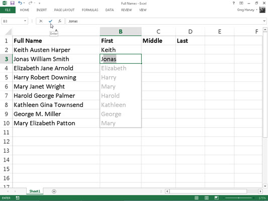 Type Keith in cell B2 and complete the entry with the down-arrow or Enter key.