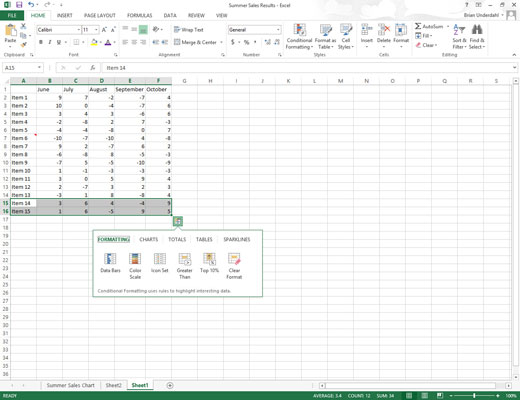 Click the Quick Analysis tool that appears right below the lower-right corner of the current cell selection.