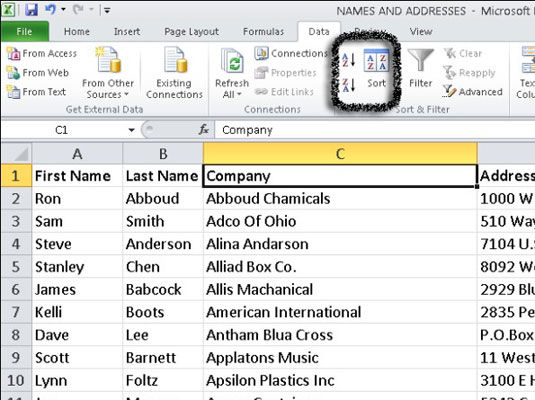 Click the Sort A to Z button in the Sort & Filter group on the Data tab.