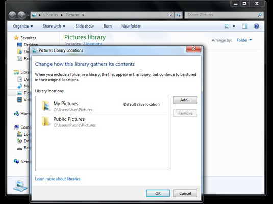 In the Pictures library window, to the right of the Includes line, click the link that says 2 Locations. (It might say a different number of locations.)