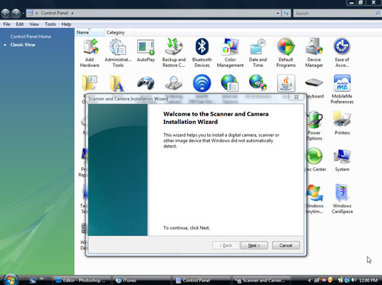 Choose Start→Control Panel→Printers and Other Hardware→Scanners and Cameras→Add an Imaging Device.