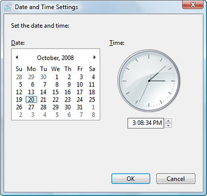 Manipulate the controls in the Date and Time Properties dialog box that appears to change or set the date or time.