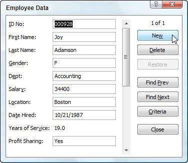 Position the cell cursor in the table and click the Form button on the Quick Access toolbar.