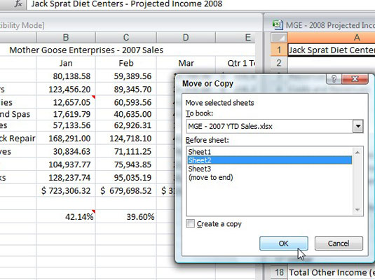 Select where in the new workbook you want to drop the worksheets.