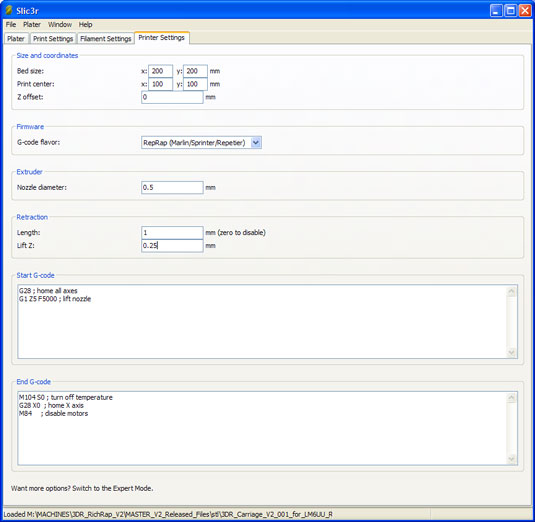 On the Printer Settings tab, set your 3D printer size and firmware type.