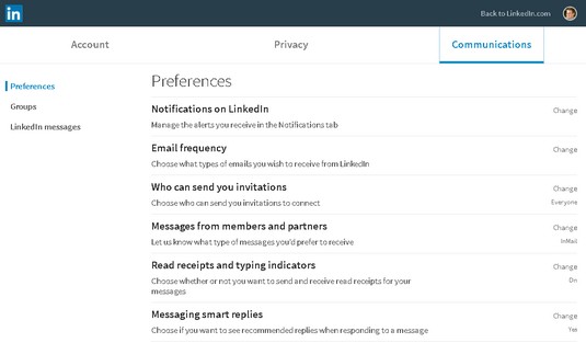 LinkedIn Communication settings