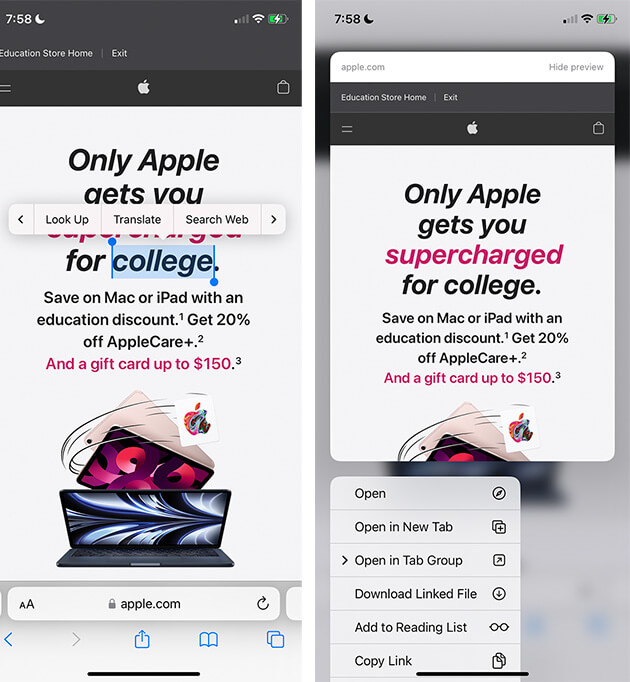 Images showing how to select words and open links and pictures on an iPhone 14 touchscreen